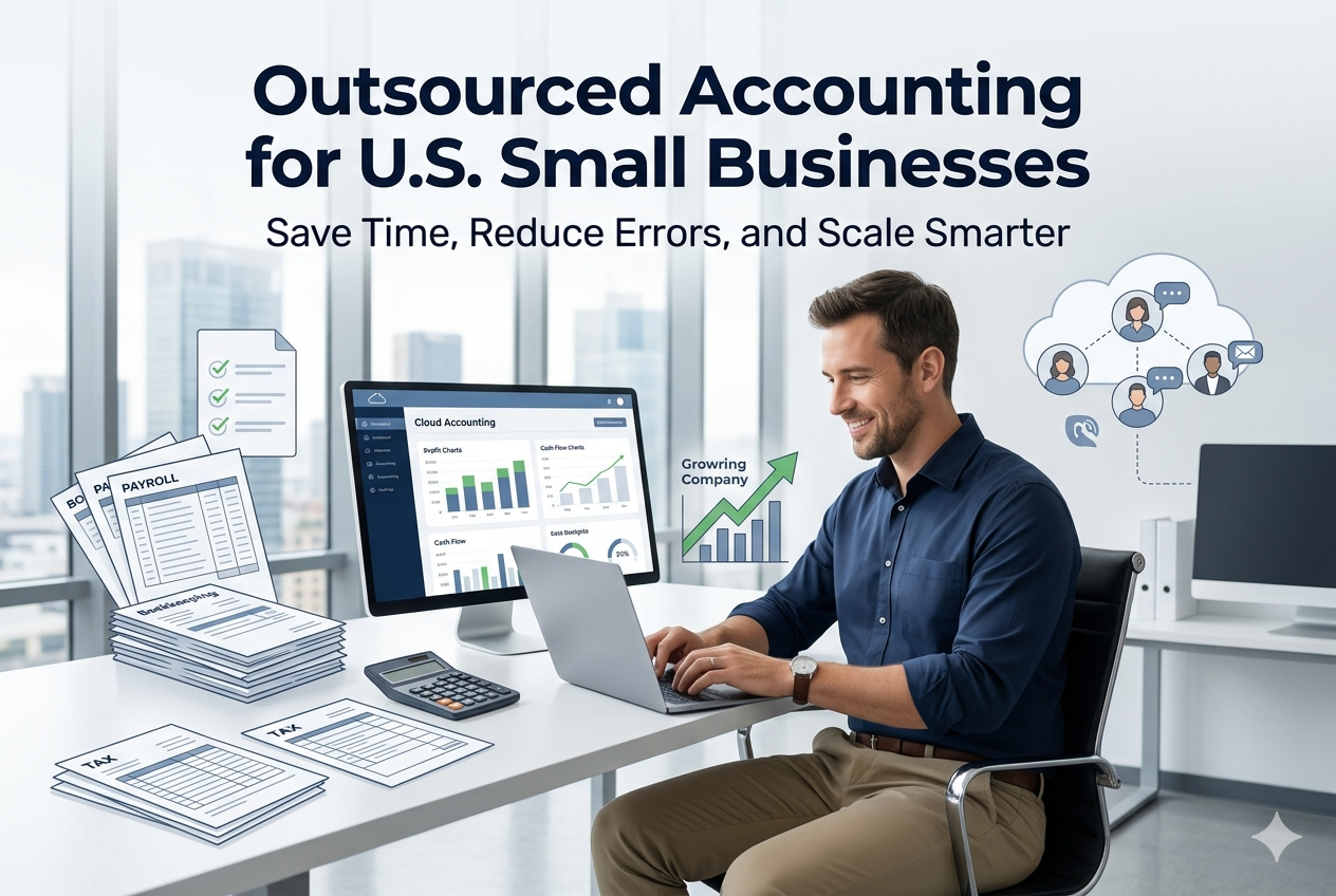 A cheerful U.S. small business owner reviews finances on a laptop in a bright city office, surrounded by diagrams of cloud accounting dashboards, payroll documents, tax forms, and growing profit charts, illustrating the efficiency and scaling benefits of outsourcing bookkeeping to a remote finance team.