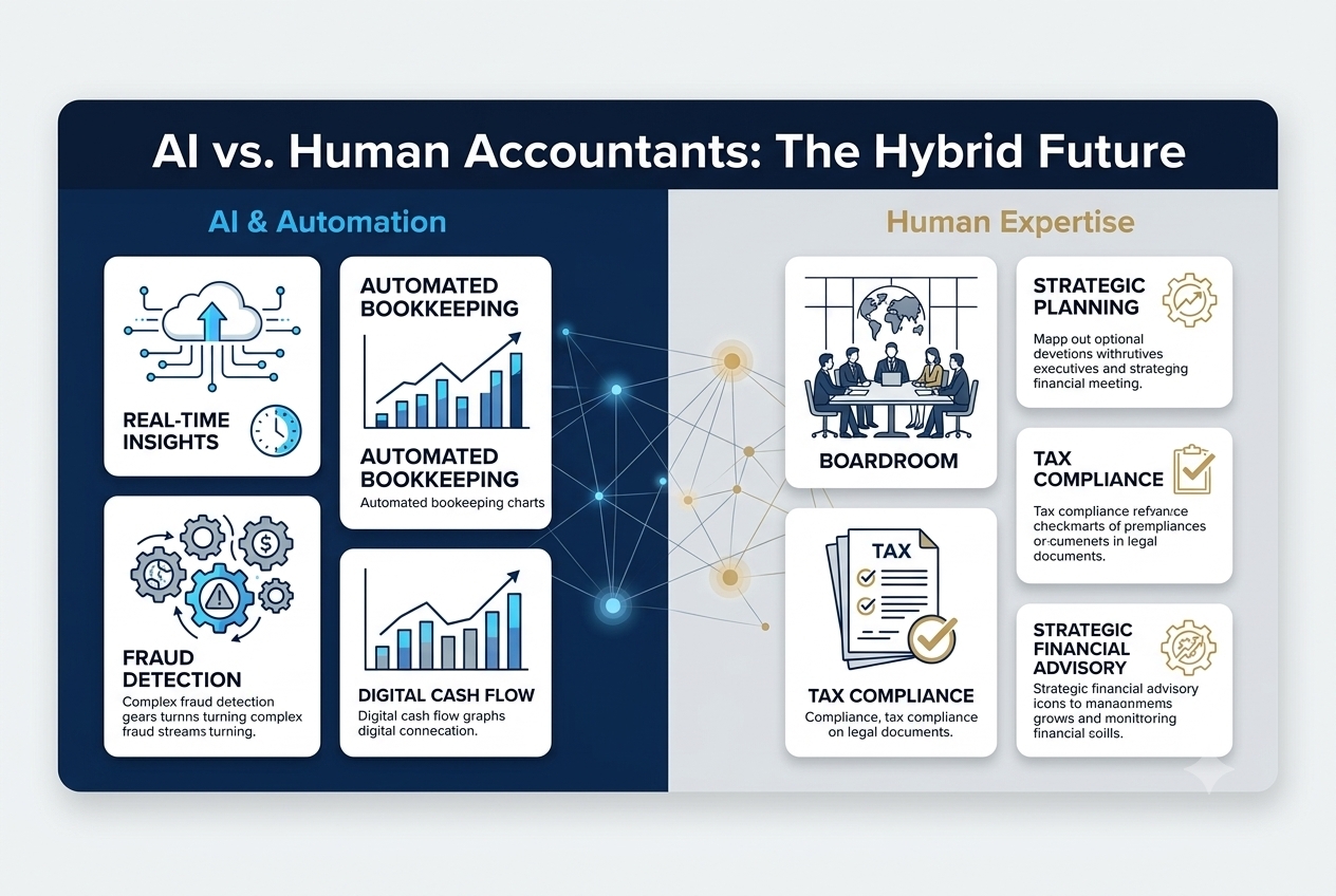 The Hybrid Future,' comparing 'AI & Automation' capabilities (like Real-Time Insights, Automated Bookkeeping, Fraud Detection, Digital Cash Flow) with 'Human Expertise' (including Strategic Planning, Boardroom meetings, Tax Compliance, Strategic Financial Advisory), all connected by an interconnected network to illustrate a collaborative future.